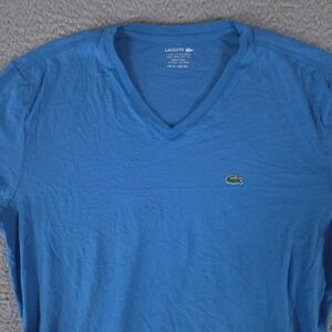 Lacoste Shirt Men 6/XL Blue Short Sleeve Regular Fit V-Neck Casual Preppy Tee